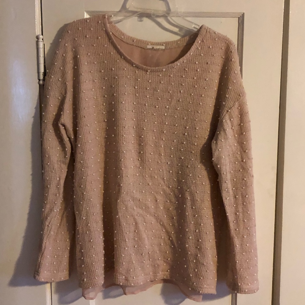 Pleione tan sweater with white raised polka dots
